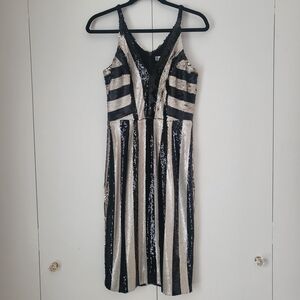 Dress the Population Women's Margo Sequin Striped V-Neck Midi Dress Size Medium